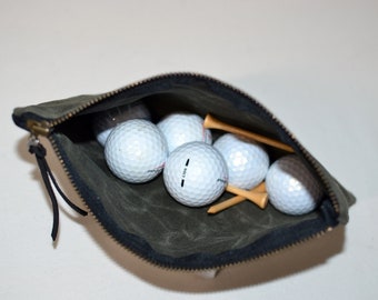 6 x 8 inch Golf Valuables Pouch metal zipper Waxed Cotton Canvas Tees & Balls Golf Bag Mossy Green Bag Weather Resistant Golfer Sports Bag
