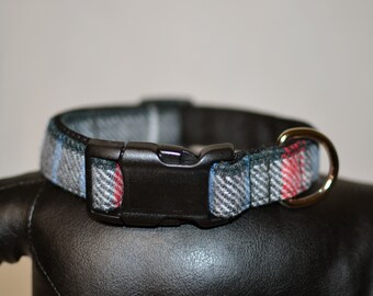 Dog Collar handmade fancy classy Portland Oregon Wool adjustable dog collar small medium masculine Charcoal stripe Filbert Fashions hiking