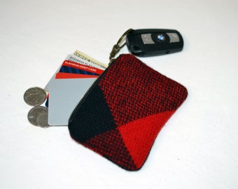 Handmade Pendleton Wool Zip Wallet Keychain – Buffalo Plaid Keyfob Coin Purse - Small Gift Party Favor