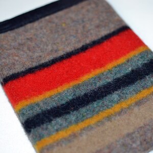 May include: A brown, black, red, yellow, and green striped wool blanket. The blanket is folded in half and has a black border.