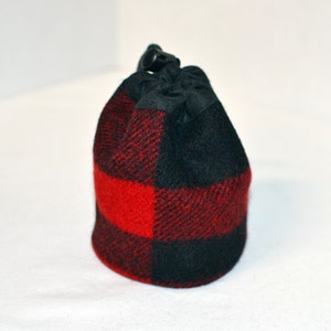 handmade drawstring bag made of Pendleton Wool Filson Blanket red and black plaid use as a golf tee bag golf balls valuable pouch great for any sport about 5 inches tall 3.5 inches wide circular bag leather drawstring golfer gift christmas