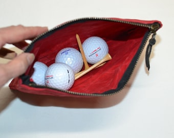 Golf Valuables Pouch 6 x 8 inch metal zipper Waxed Cotton Canvas - Tees & Balls Golf Bag Pimento RED Weather Resistant Outdoor Sports Bag