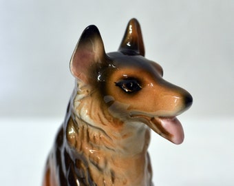 German Shepherd ceramic dog statue figurine / sweet facial expression / mid century modern art brown black Shepard / vintage Christmas Gift