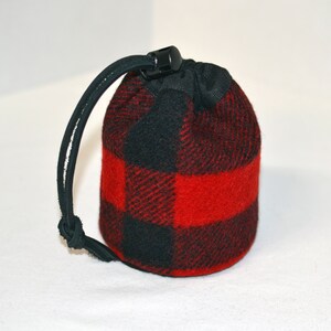 handmade drawstring bag made of Pendleton Wool Filson Blanket red and black plaid use as a golf tee bag golf balls valuable pouch great for any sport about 5 inches tall 3.5 inches wide circular bag leather drawstring golfer gift christmas