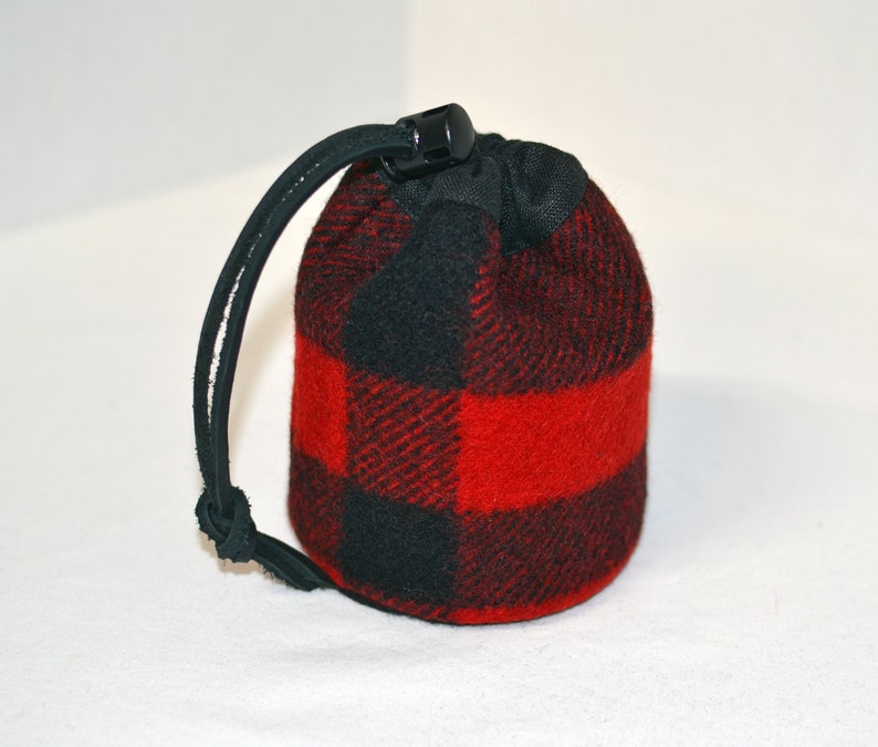 handmade drawstring bag made of Pendleton Wool Filson Blanket red and black plaid use as a golf tee bag golf balls valuable pouch great for any sport about 5 inches tall 3.5 inches wide circular bag leather drawstring golfer gift christmas