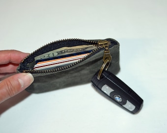 Key Fob Zip Wallet + Keychain Zipper Wallet + Waxed Cotton Canvas + Mossy Green + Trendy Metal Accents + Handmade Oregon + Christmas Gift