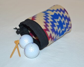 Ladies Golf Bag / Drawstring Bag / Golf Tee Bag / Golf Valuables Bag / Native American Wool / Pretty blue, red, magenta  / Filbert Fashions