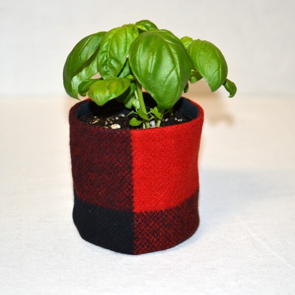 Buffalo Plaid decorative PLANTER POT red black check WOOL accent for office desk bedroom window sill plant saucer Rob Roy Filbert Fashions