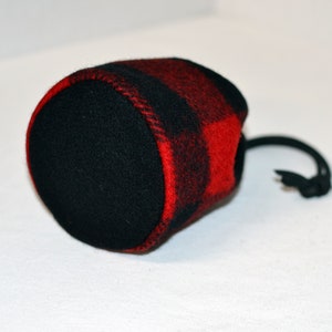 handmade drawstring bag made of Pendleton Wool Filson Blanket red and black plaid use as a golf tee bag golf balls valuable pouch great for any sport about 5 inches tall 3.5 inches wide circular bag leather drawstring golfer gift christmas