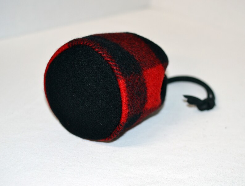 handmade drawstring bag made of Pendleton Wool Filson Blanket red and black plaid use as a golf tee bag golf balls valuable pouch great for any sport about 5 inches tall 3.5 inches wide circular bag leather drawstring golfer gift christmas
