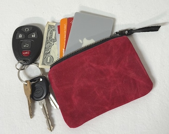 Waxed Cotton Canvas Zip Zipper RED Wallet / credit card wallet / ID wallet / Mens Womens front or back pocket wallet small trendy