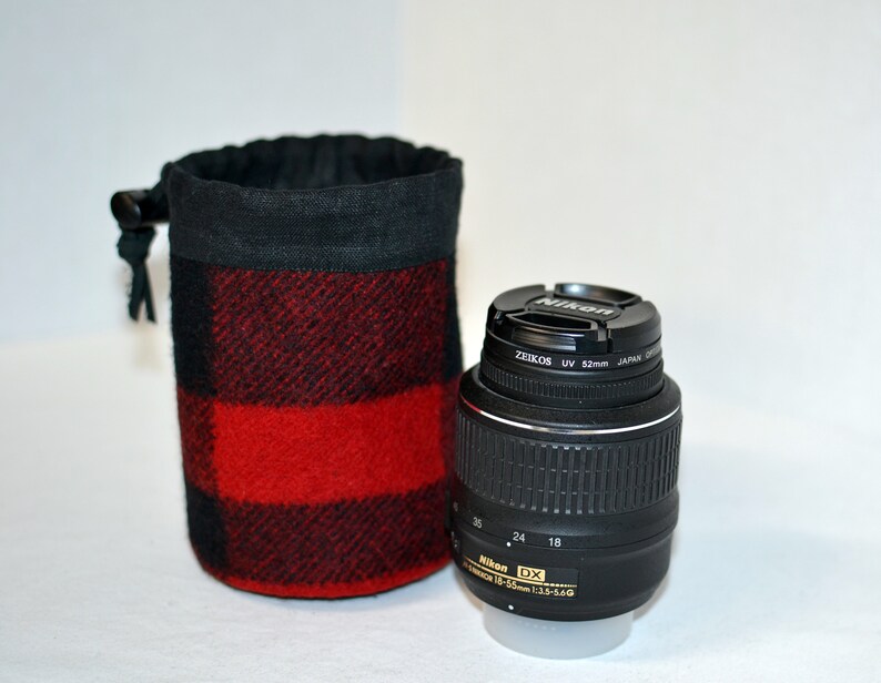 handmade drawstring bag made of Pendleton Wool Filson Blanket red and black plaid use as a golf tee bag golf balls valuable pouch great for any sport about 5 inches tall 3.5 inches wide circular bag leather drawstring golfer gift christmas