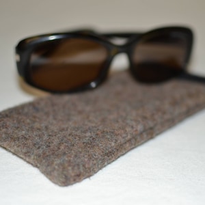 May include: A brown felt sunglasses case with a pair of black sunglasses inside.