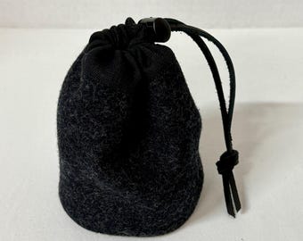 GOLF TEE BAG Solid Black Wool recycled upcycled repurposed camping climbing hiking Drawstring Bag Rugged Bag Camera Equipment Valuables