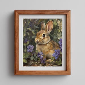 May include: A framed painting depicting a brown rabbit surrounded by purple flowers and green leaves. The artwork is presented in a wooden frame. The rabbit has long ears and dark eyes, with a naturalistic style.