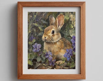 May include: A framed painting of a brown rabbit nestled among purple flowers and green foliage. The artwork is in a wooden frame, creating a rustic aesthetic. The rabbit has long ears and dark eyes.