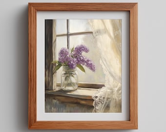 Printable Lilac Still Life Painting - Rustic Floral Wall Art, Vintage Cottagecore Decor, Spring Botanical Oil Art Print, Fresh Lilacs 45
