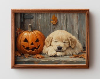 May include: A framed painting depicts a sleeping golden retriever puppy next to a carved orange pumpkin. Autumn leaves are scattered around the puppy and pumpkin. The background is a weathered wooden wall.