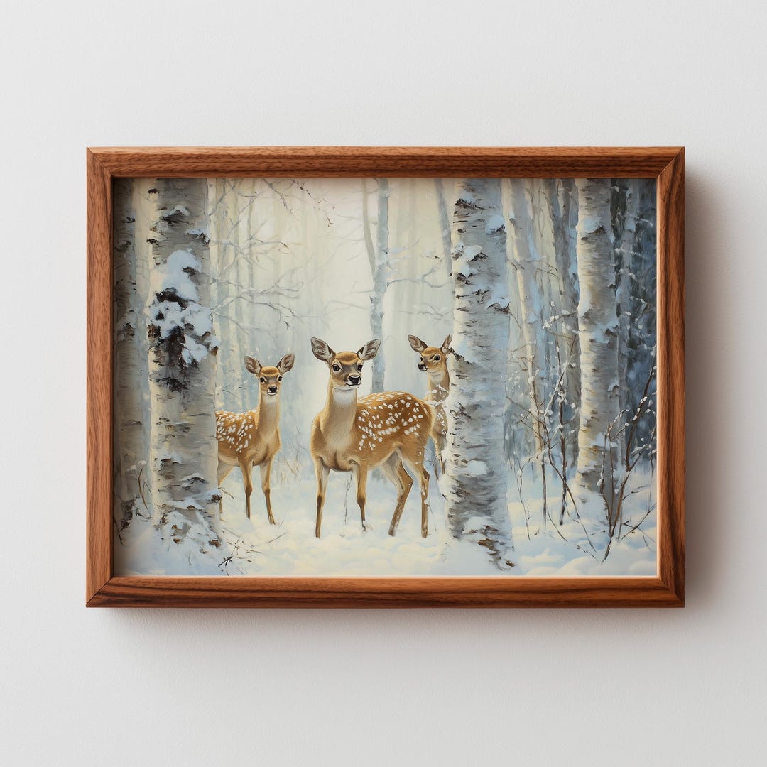 Rustic Winter Family of Deer Printable Wall Art - Serene Snowy Forest ...