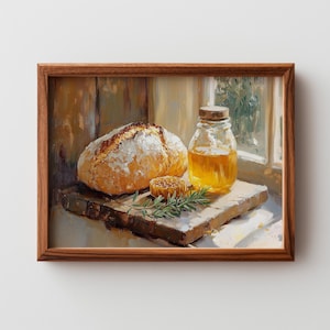 Pode incluir: Pintura emoldurada que retrata uma natureza morta rústica. Um pão, um pote de mel e um pedaço de favo de mel repousam sobre uma superfície de madeira. Um raminho de alecrim adiciona um toque de verde. A cena é banhada por luz natural quente.