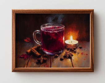 Rustic Mulled Wine Printable Art - Cozy Still-Life Painting, Warm Candlelit Glow, Cinnamon & Cloves, Digital Download Wall Decor 99