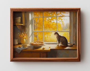 Cozinha rústica de outono com gato - Arte aconchegante de outono para interiores, decoração de parede para impressão, torta recém-assada, pintura digital Cottagecore 48