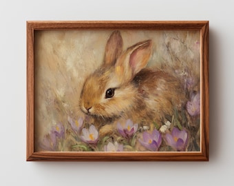 Vintage Rabbit in Flower Bed - Charming Bunny Oil Painting, Earthy Cottagecore Decor, Printable Spring Wall Art, Digital Download 36