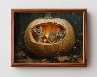 Famille de souris lunatique en citrouille - impression d'art animalier automne rustique, décoration automne Cottagecore, art mural imprimable, peinture de Style vintage 70