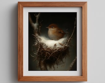 Winter-Wren in verschneitem Nest - Stimmungsvolle rustikale Cottagecore-Wandkunst, Vintage-Vogelgemälde, druckbare Winter- und Wildtier-Dekor, digitaler Kunstdruck 2