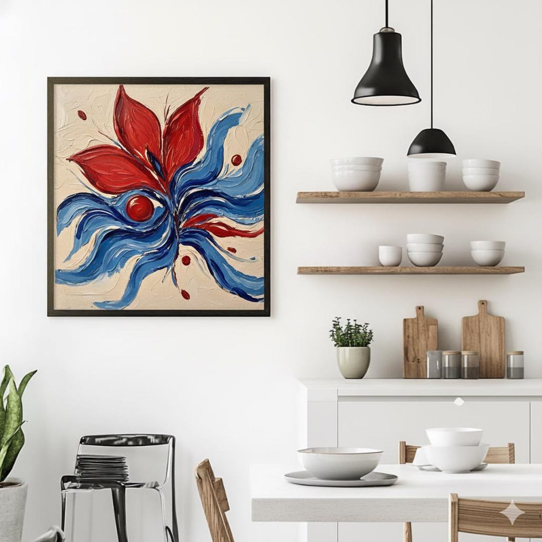 Abstract Floral Wall Art Print, Red and Blue Modern Flower Painting ...