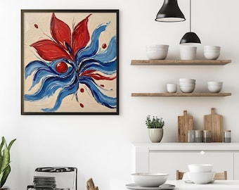 Abstract Floral Wall Art Print, Red and Blue Modern Flower Painting, Textured Botanical Art, Contemporary Home Decor