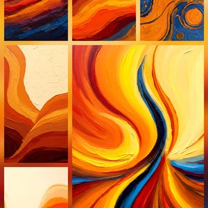 May include: A collection of six abstract paintings with a warm color palette. The artwork features bold brushstrokes and a variety of shapes, including curved lines and textured surfaces. The colors include shades of orange, yellow, red, and blue.