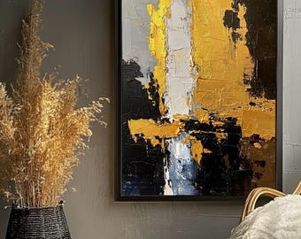 Arte de pared abstracto en dorado y negro imprimible, pintura texturizada neutra de lujo moderna, decoración minimalista contemporánea para el hogar.