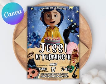 Edytowalne zaproszenie Coraline Canva, do druku zaproszenie na urodziny Coraline, przyjęcie urodzinowe Coraline, cyfrowe zaproszenie na urodziny Coraline