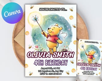 Classic Winnie the Pooh First Birthday Invitation, Vintage Winnie The Pooh Party, Editable Kids Birthday Invite, Digital Canva Template