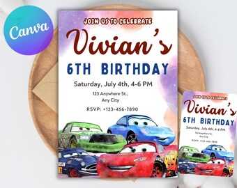 Cars Birthday Party Invitation, Lightning Mcqueen Birthday, Cars Party Invite, Second Birthday Party Invitation, Two Fast, 2, Canva Editable