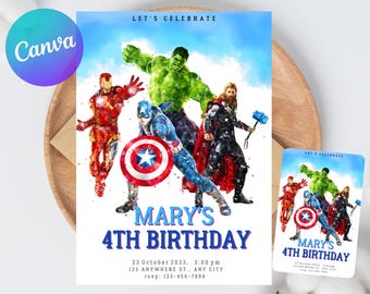 Avengers Party Editable Superheroes Birthday Invitation Template, Printable Superheroes Birthday Party Invitation Kids, Canva template