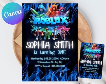 Roblox Invitation, Roblox Invite, Game Party, Roblox Boys Birthday Invitation Template, Game Birthday, Kids Roblox, Editable Template, Canva