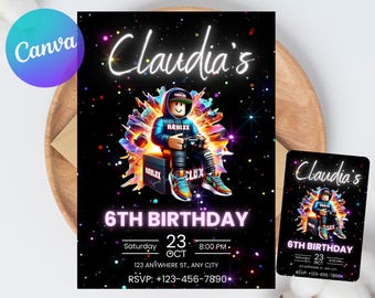 Roblox Invitation, Roblox Invite, Game Party, Roblox Boys Birthday Invitation Template, Game Birthday, Kids Roblox, Editable Template, Canva