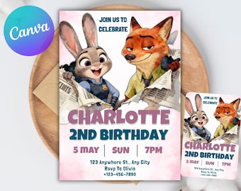 Zootopia 2 Birthday Invitation, Kids Party Invite Template, Animal Theme, Canva Editable, Instant Download