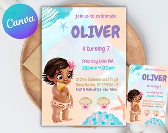 Baby Moana Birthday Invitation, Editable Digital Hawaiian Moana Birthday Invite, Kids Theme Party Invitation, Digital Baby Moana Template