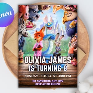Könnte beinhalten: Eine farbenfrohe Geburtstagseinladung mit Figuren aus einem beliebten Animationsfilm. Die Einladung enthält den Text "OLIVIA JAMES IS TURNING 8" mit Veranstaltungsdetails. Der Hintergrund zeigt verschiedene animierte Charaktere.