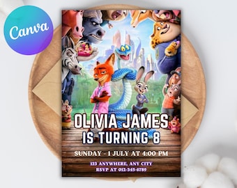 Szablon zaproszenia urodzinowego Zootopia 2 do edycji, cyfrowe pobranie Zootopii, Judy Hopps, zaproszenie Zootropolis