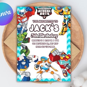 Può includere: Un colorato invito di compleanno con i personaggi di Transformers Rescue Bots. L'invito recita "Sei invitato al 5° compleanno di Jack" con data, ora e informazioni RSVP. Il design include un bordo a zig-zag turchese e bianco.