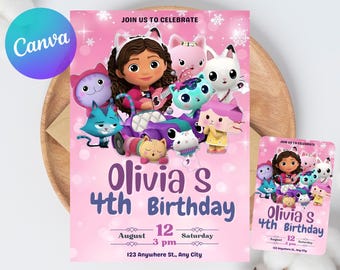 Zaproszenie na urodziny Gabby's Dollhouse Edytowalny szablon urodzinowy dla dzieci Gabby Pandy Edytowalny do wydrukowania Cyfrowe pobieranie Urodziny dziewczynki