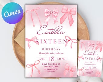 Pink Bow Birthday Invitation, Coquette Birthday Party Invite, Elegant Birthday Template, Girl’s Birthday Evite, Canva Editable Template