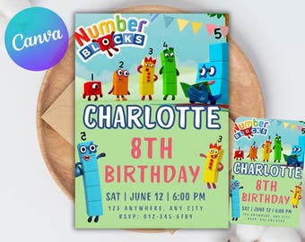 Number Blocks Birthday Invitation: Editable Canva Template (Digital Download)