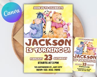 Classic Winnie the Pooh First Birthday Invitation, Vintage Winnie The Pooh Party, Editable Kids Birthday Invite, Digital Canva Template