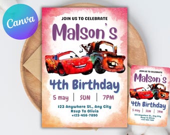 Cars Birthday Party Invitation, Lightning Mcqueen Birthday, Cars Party Invite, Second Birthday Party Invitation, Two Fast, 2, Canva Editable