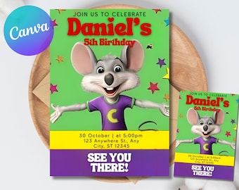 Editable Chuck E Cheese Birthday Invitation Template | Chuck Evite, Printable Chuck Cheese Party Invite, Editable in Canva, Instant Download
